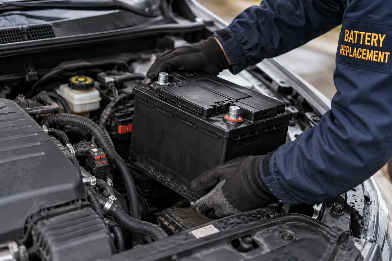 Gloved hands placing an AGM start-stop battery into a modern car