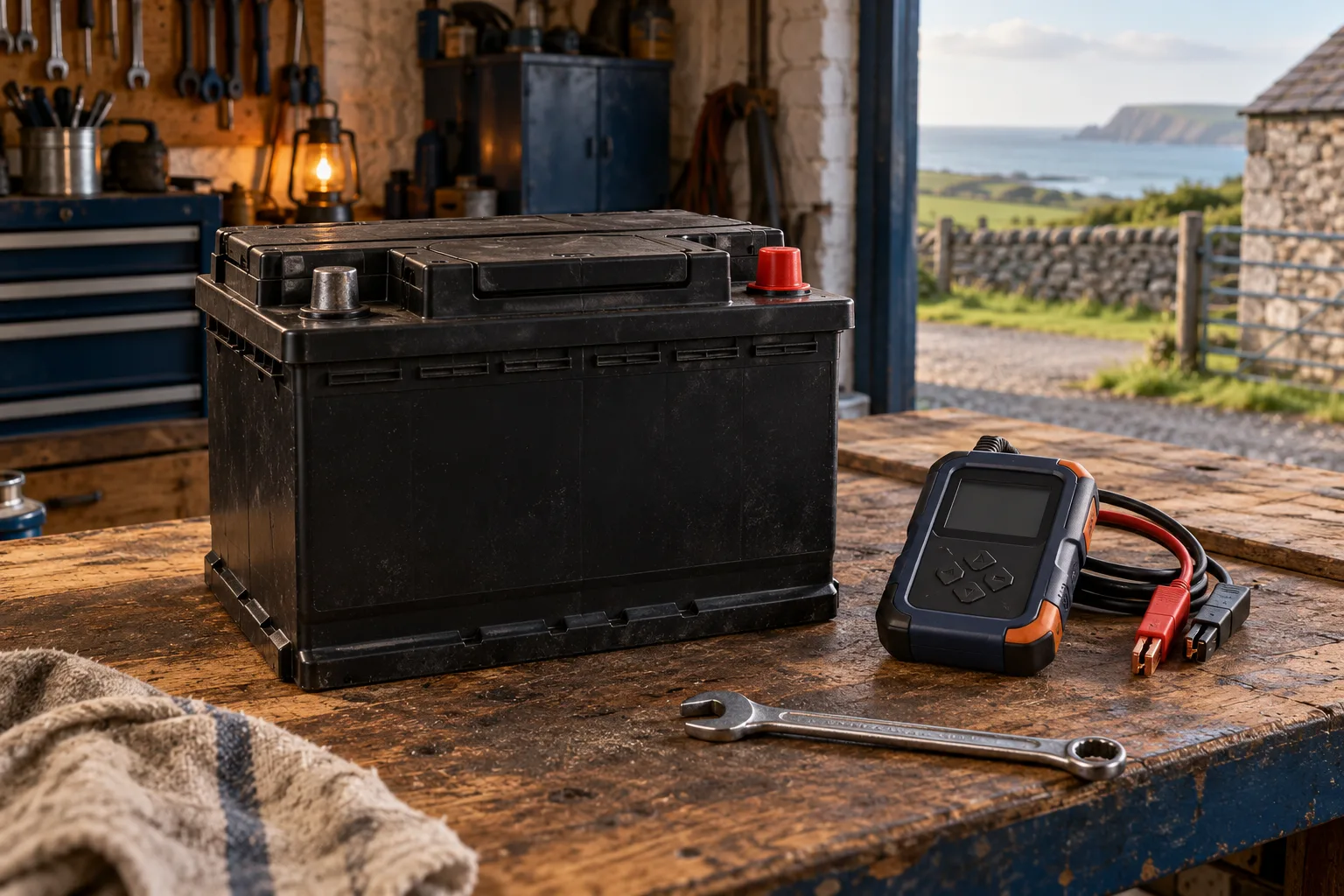 A battery, a tester and a spanner on a workshop bench