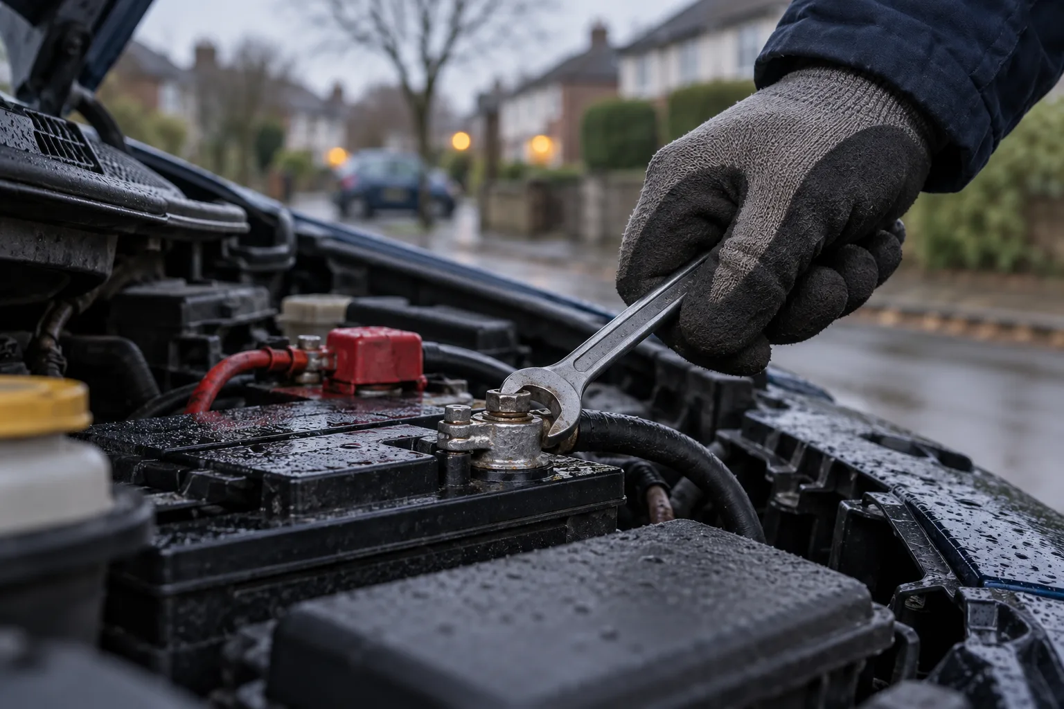 A spanner tightening the terminal clamp on a new car battery