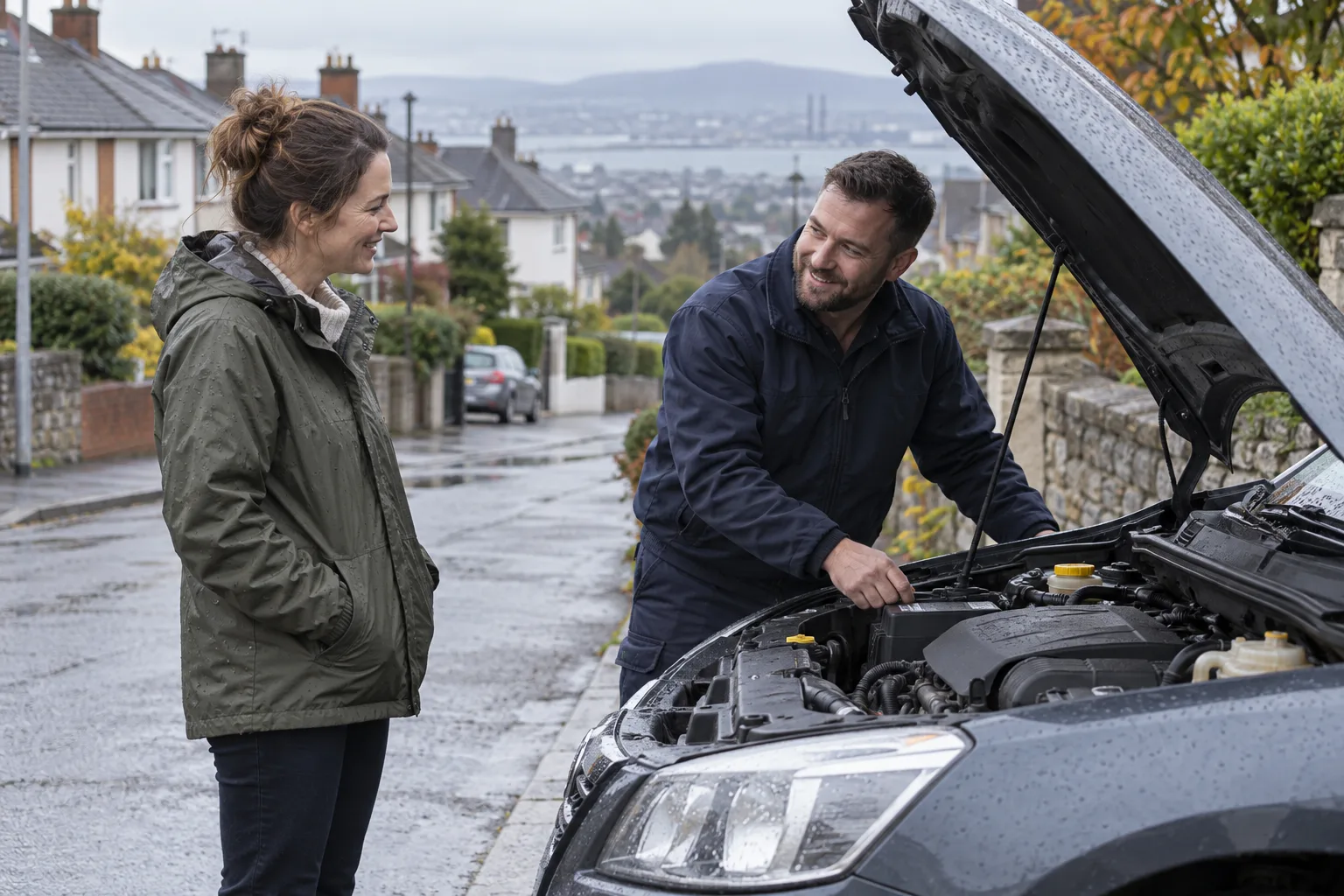 A technician talking with a customer beside their car with the bonnet open