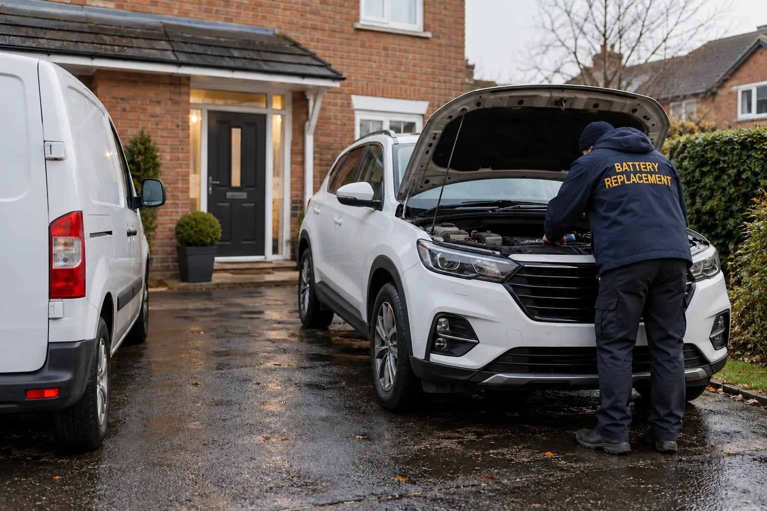 A new standard battery being lifted into a hatchback on a Dublin driveway