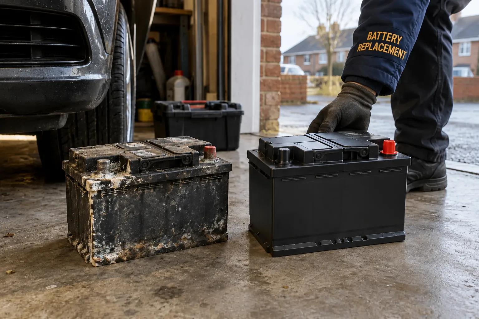 A new EFB battery on a garage floor beside the corroded battery it replaced