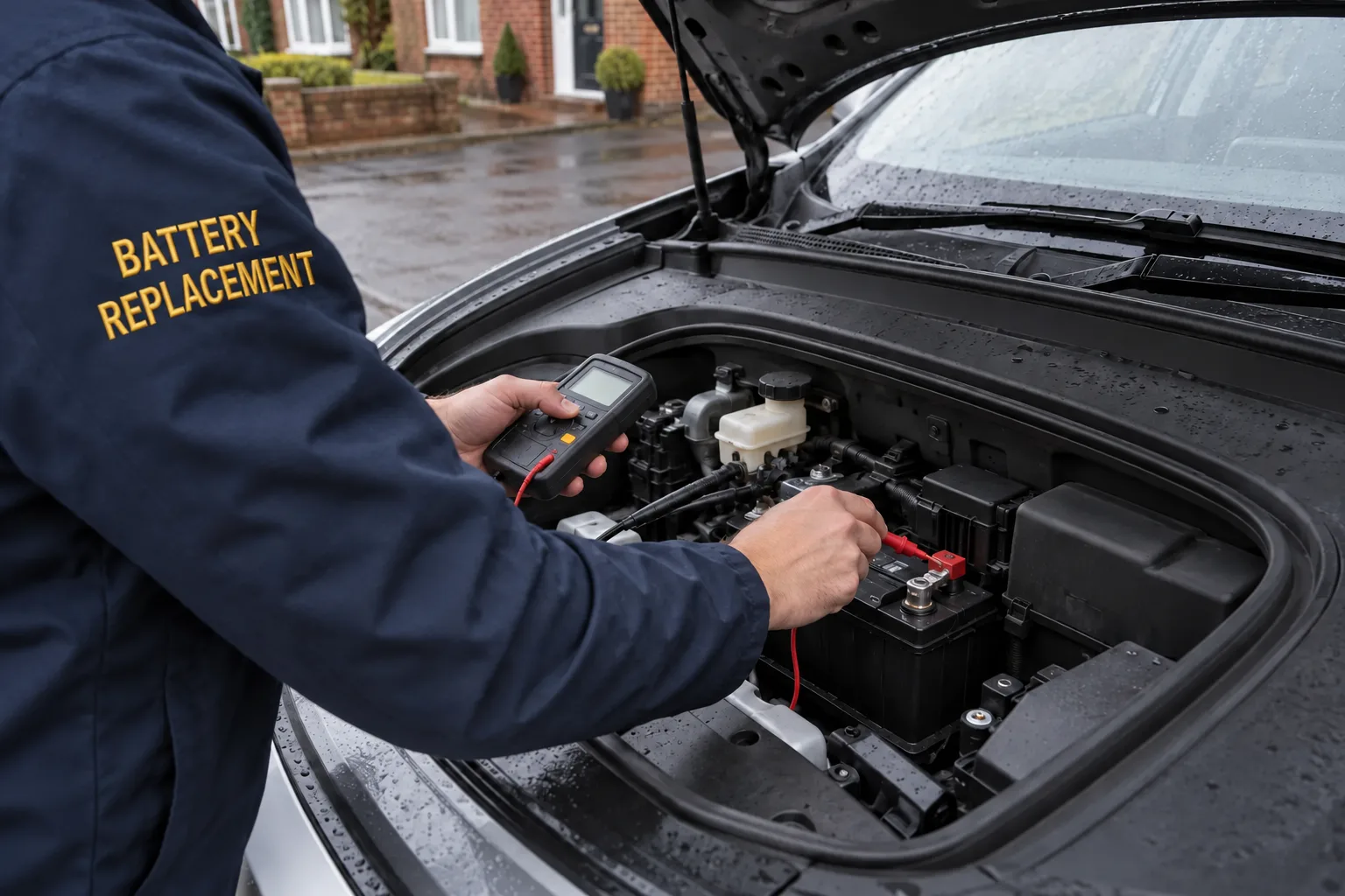 Checking the small 12V battery of an electric car with a handheld tester