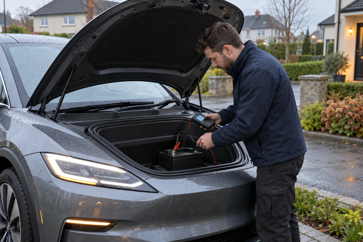 A technician checking the 12V battery in the front boot of an electric car