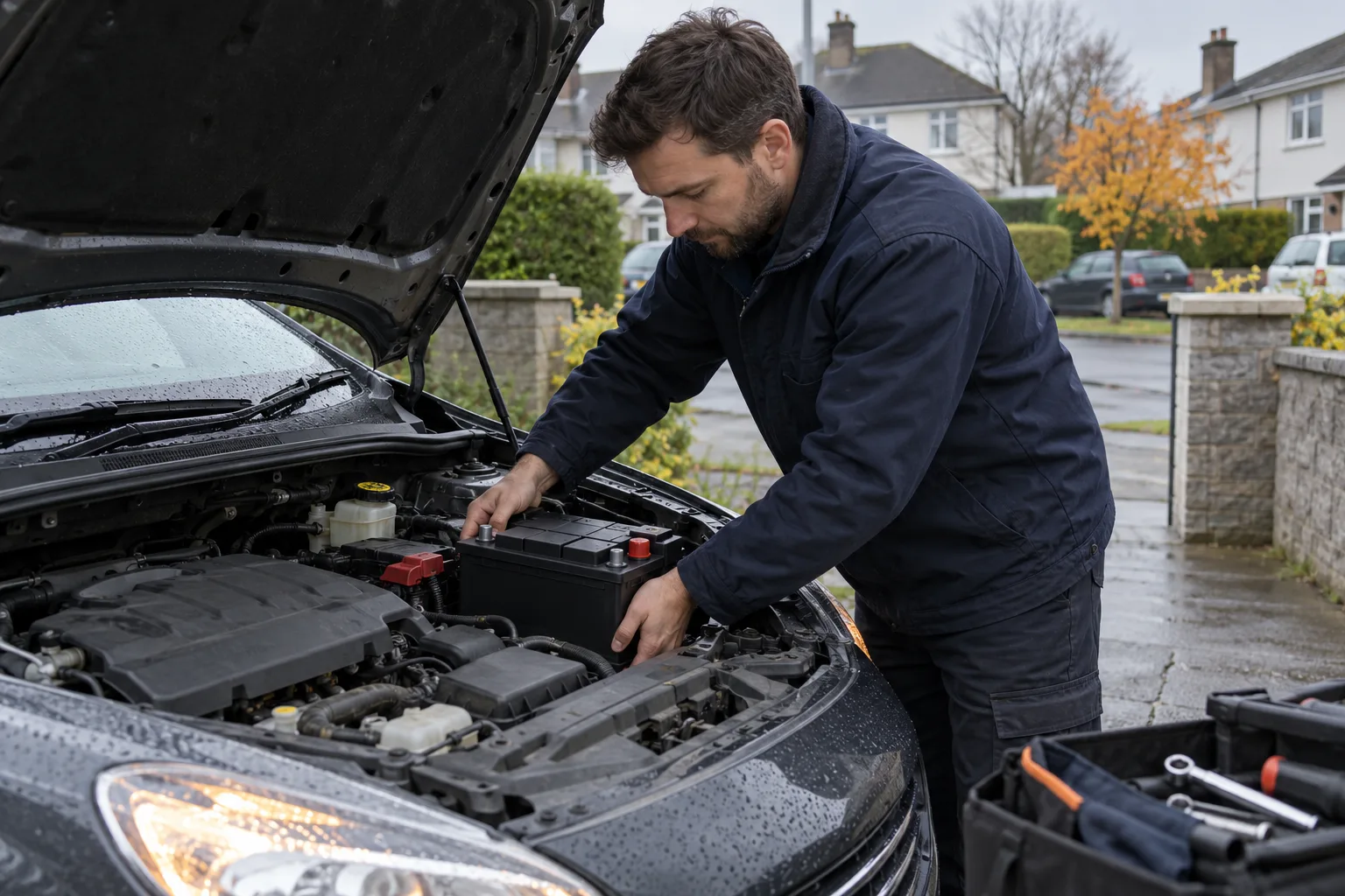 A technician fitting a new battery under the bonnet of a hatchback on a Dublin driveway