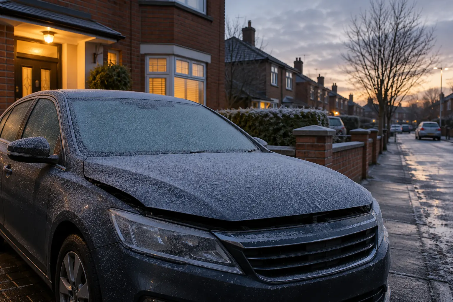 Frost on a parked car on a Dublin street at dawn
