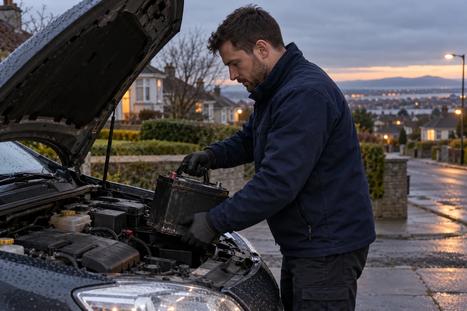 The old car battery being lifted out of the engine bay at dusk