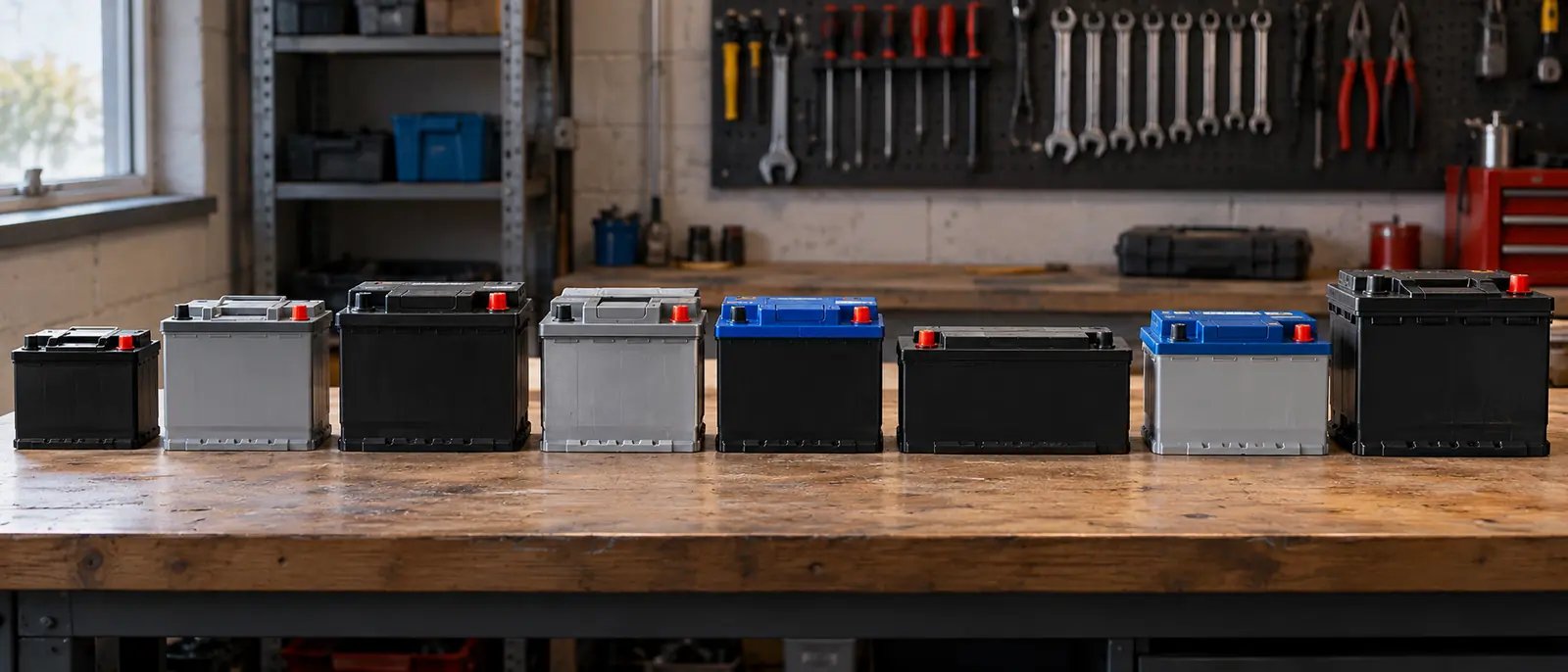 A row of different car batteries on a workshop bench, from compact to heavy-duty