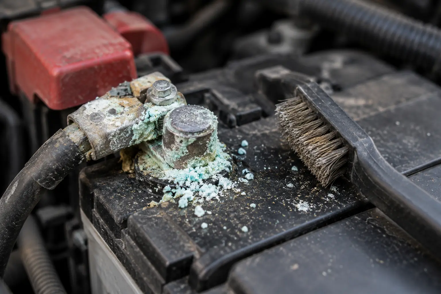 Corroded battery terminals with a wire brush, a sign of an old battery