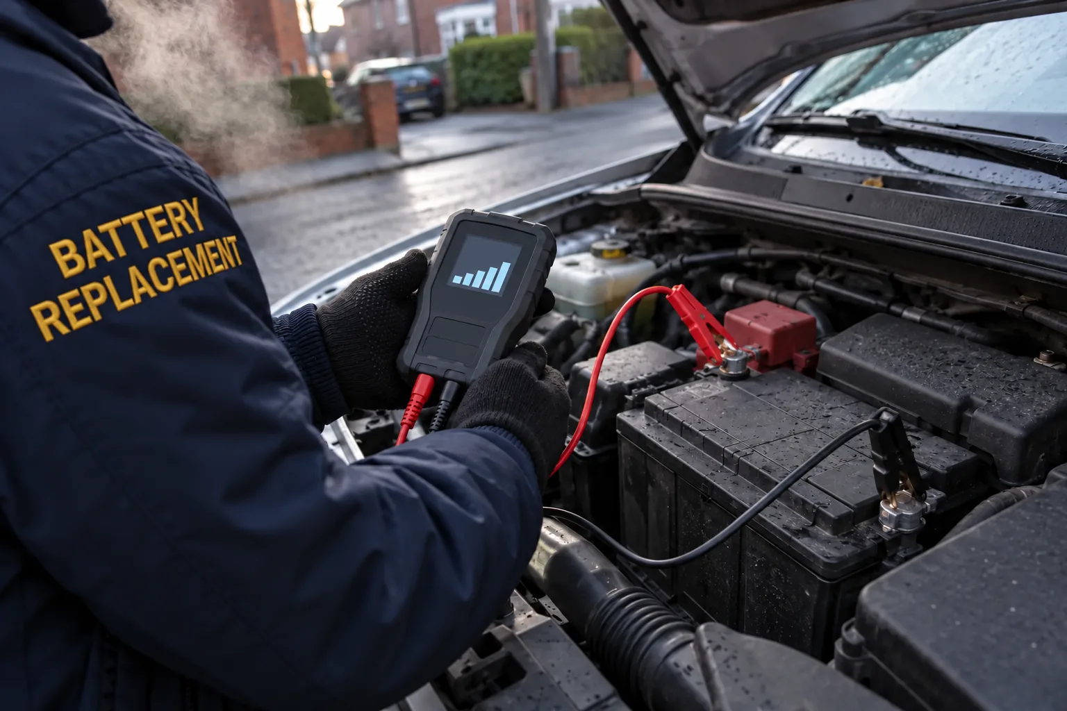 A handheld tester on car battery terminals on a cold morning, checking the battery before it is replaced