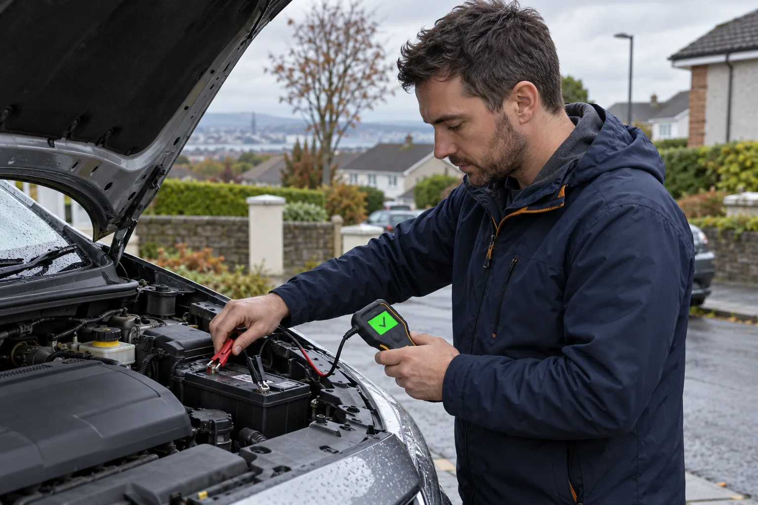 A technician checking a car battery with a handheld tester before replacing it