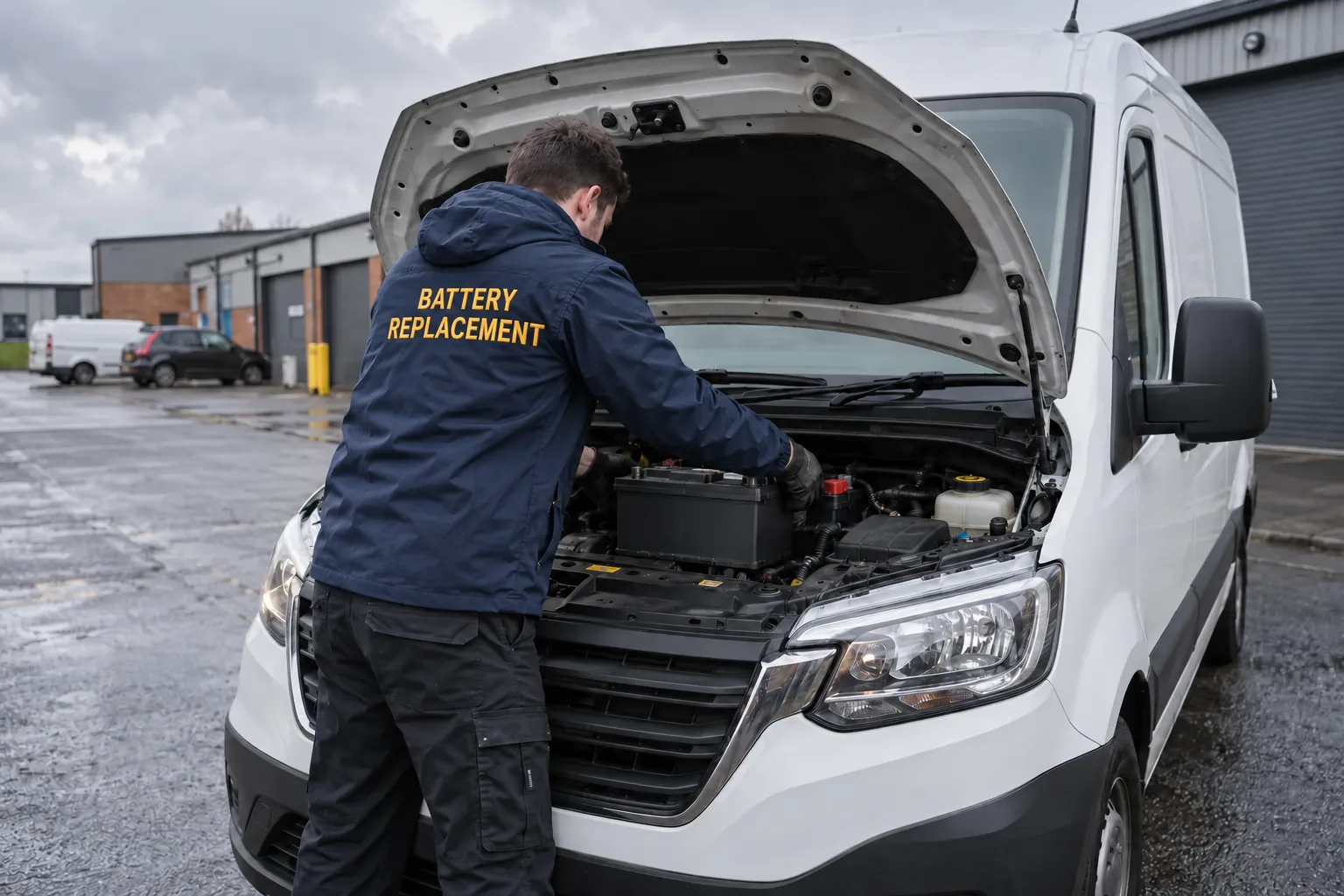 Fitting a large battery into a white panel van on an industrial estate