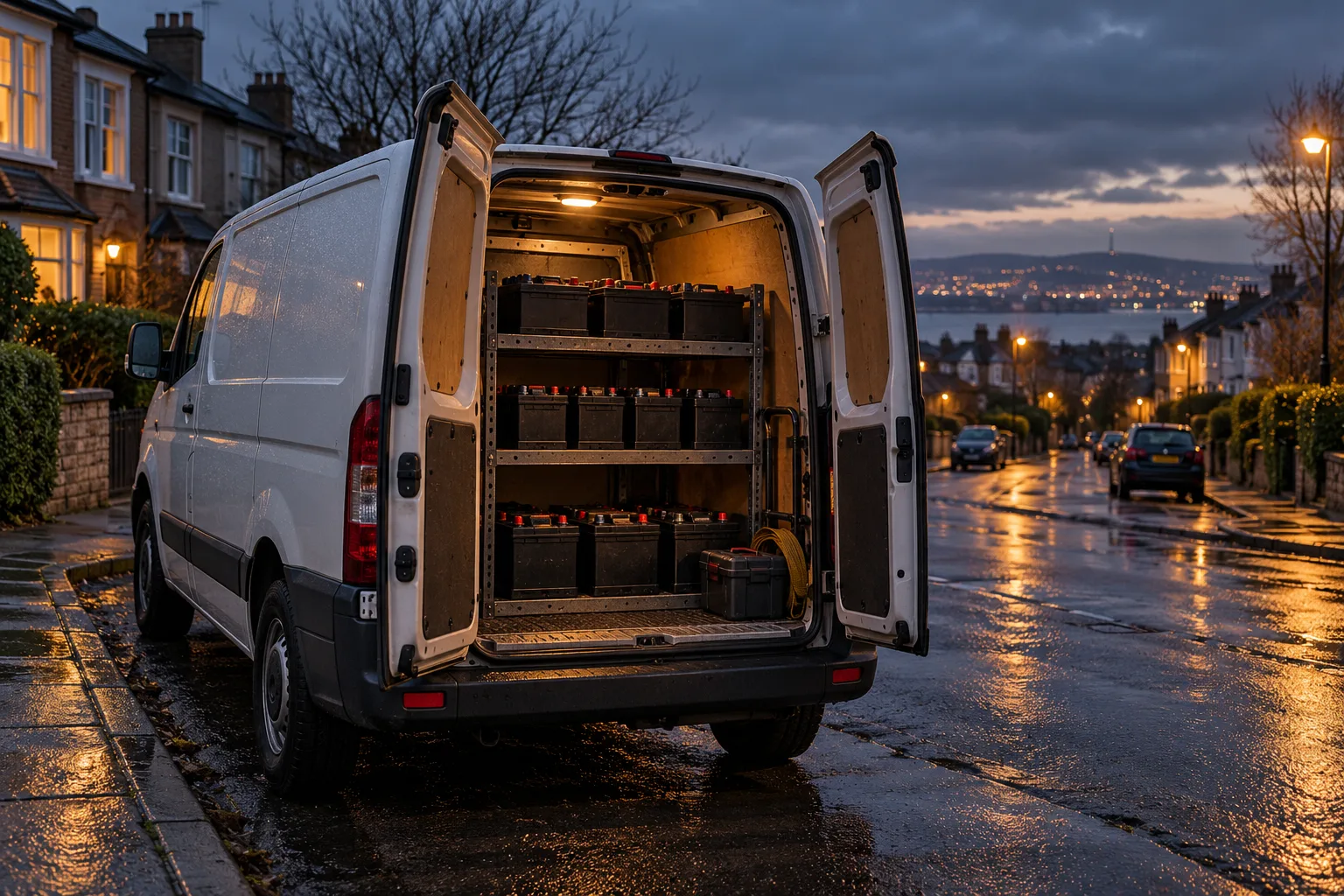 A white van with its rear doors open and new batteries stored on shelves, parked on a wet street at dusk